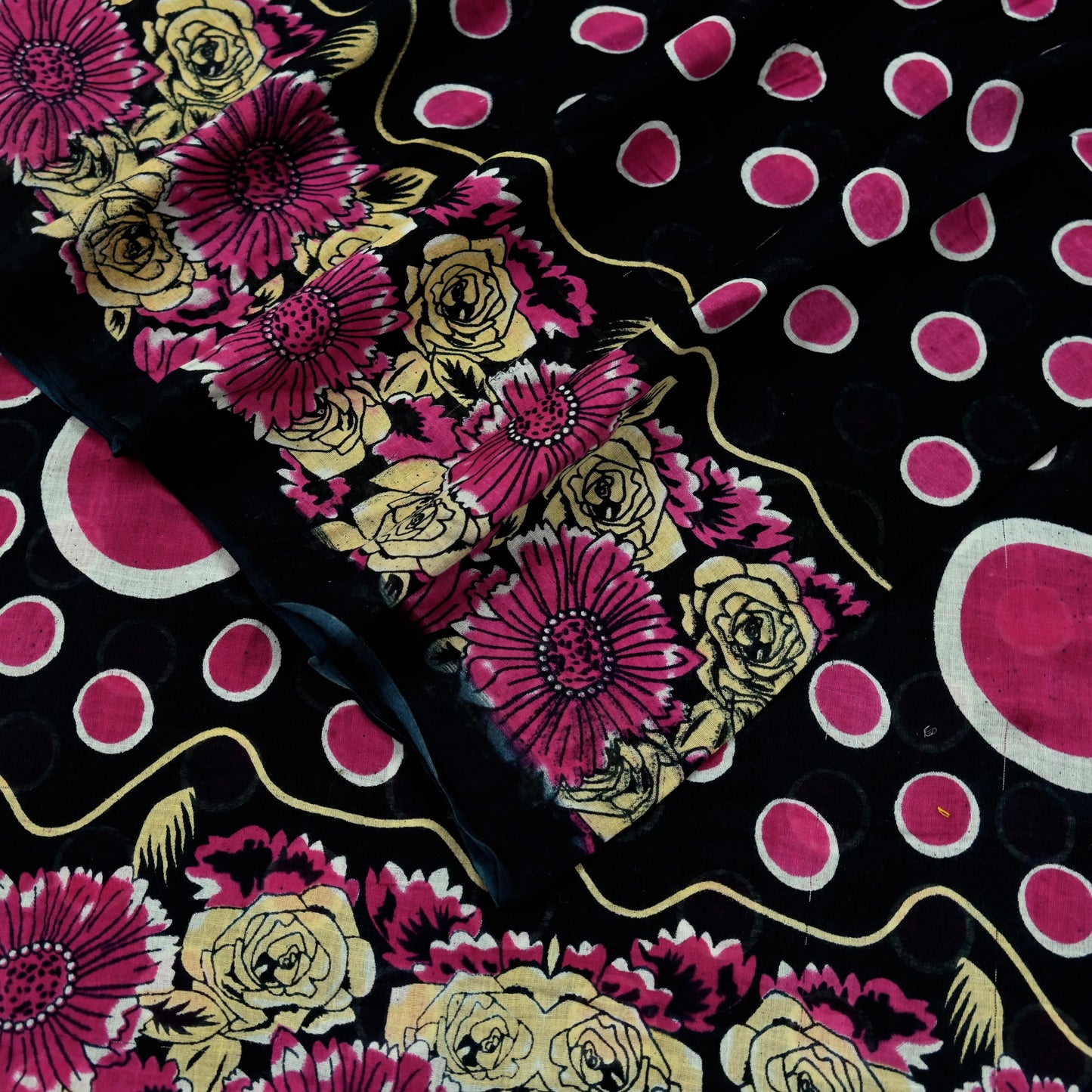 Indian Vintage Sari Black Printed 100% Pure Cotton Saree Craft Fabric 5Yd Sewing Sarong Wrap Boho Floral Dress making Quilting Soft