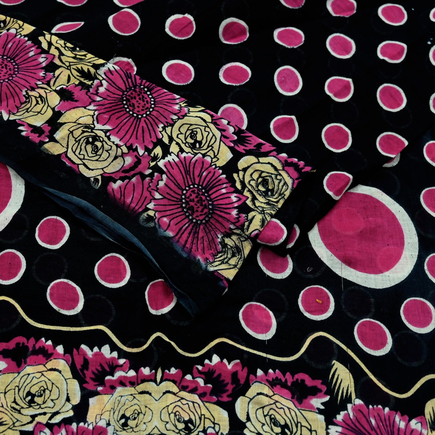 Indian Vintage Sari Black Printed 100% Pure Cotton Saree Craft Fabric 5Yd Sewing Sarong Wrap Boho Floral Dress making Quilting Soft