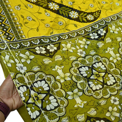 Indian Vintage Sari Yellow & Green Printed Pure Cotton Sarees Craft Fabric 5Yd Soft Sewing Sarong Wrap Boho Floral Dress making Quilting