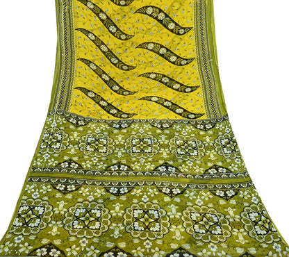 Indian Vintage Sari Yellow & Green Printed Pure Cotton Sarees Craft Fabric 5Yd Soft Sewing Sarong Wrap Boho Floral Dress making Quilting