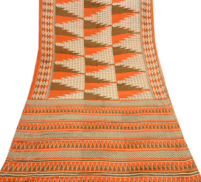 Indian Vintage Sari Orange & Brown Printed Pure Cotton Saree Craft Fabric 5Yd Soft Sewing Sarong Wrap Boho Dress making Crafting Quilting