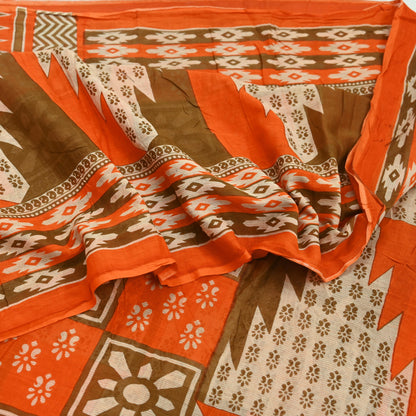 Indian Vintage Sari Orange & Brown Printed Pure Cotton Saree Craft Fabric 5Yd Soft Sewing Sarong Wrap Boho Dress making Crafting Quilting
