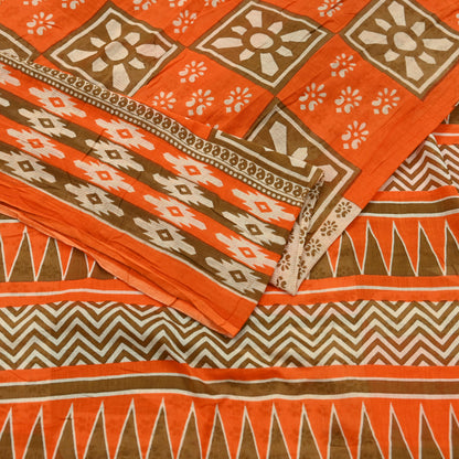 Indian Vintage Sari Orange & Brown Printed Pure Cotton Saree Craft Fabric 5Yd Soft Sewing Sarong Wrap Boho Dress making Crafting Quilting
