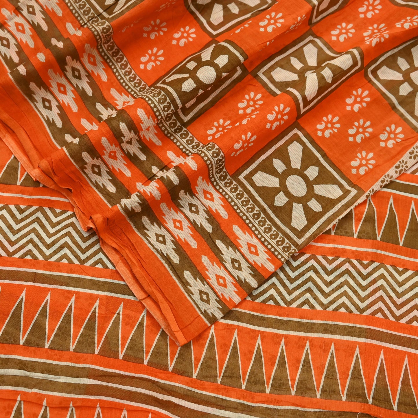 Indian Vintage Sari Orange & Brown Printed Pure Cotton Saree Craft Fabric 5Yd Soft Sewing Sarong Wrap Boho Dress making Crafting Quilting