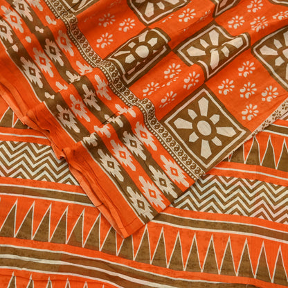 Indian Vintage Sari Orange & Brown Printed Pure Cotton Saree Craft Fabric 5Yd Soft Sewing Sarong Wrap Boho Dress making Crafting Quilting