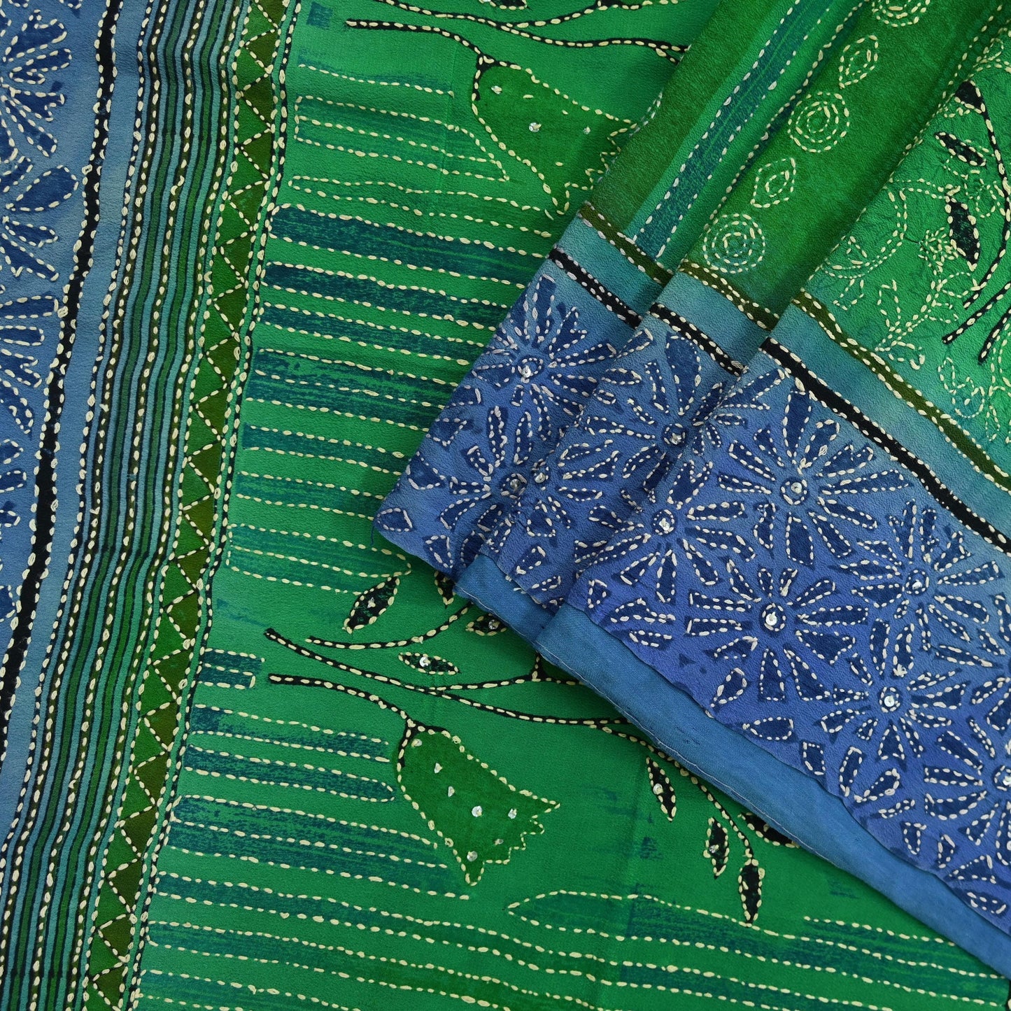 Indian Vintage Sari Blue & Green Pure Crepe Silk Hand Embroidered Kantha Saree 5yd Craft Fabric Sewing Floral Soft Dress making Crafting