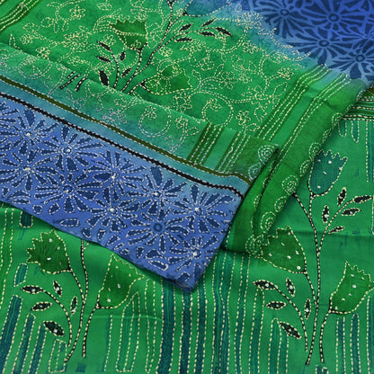 Indian Vintage Sari Blue & Green Pure Crepe Silk Hand Embroidered Kantha Saree 5yd Craft Fabric Sewing Floral Soft Dress making Crafting