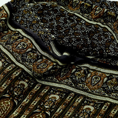 Indian Vintage Sari Black Pure Crepe Silk Block Printed Sarees 5yd Sewing Floral Soft Craft Fabric Wrap Dress making Crafting Quilting