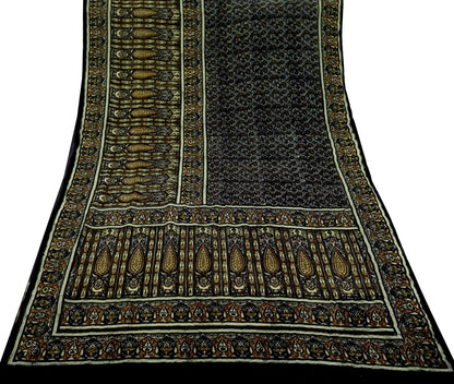 Indian Vintage Sari Black Pure Crepe Silk Block Printed Sarees 5yd Sewing Floral Soft Craft Fabric Wrap Dress making Crafting Quilting
