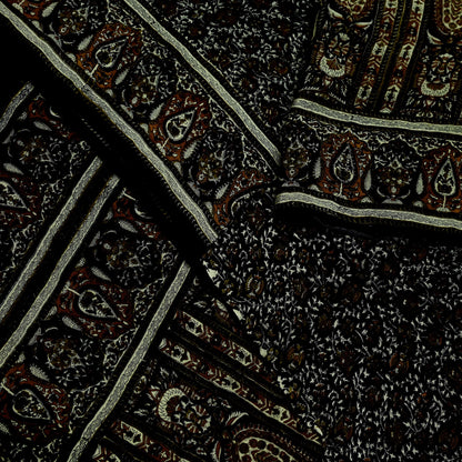 Indian Vintage Sari Black Pure Crepe Silk Block Printed Sarees 5yd Sewing Floral Soft Craft Fabric Wrap Dress making Crafting Quilting