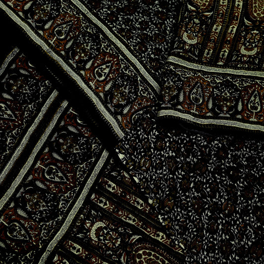 Indian Vintage Sari Black Pure Crepe Silk Block Printed Sarees 5yd Sewing Floral Soft Craft Fabric Wrap Dress making Crafting Quilting