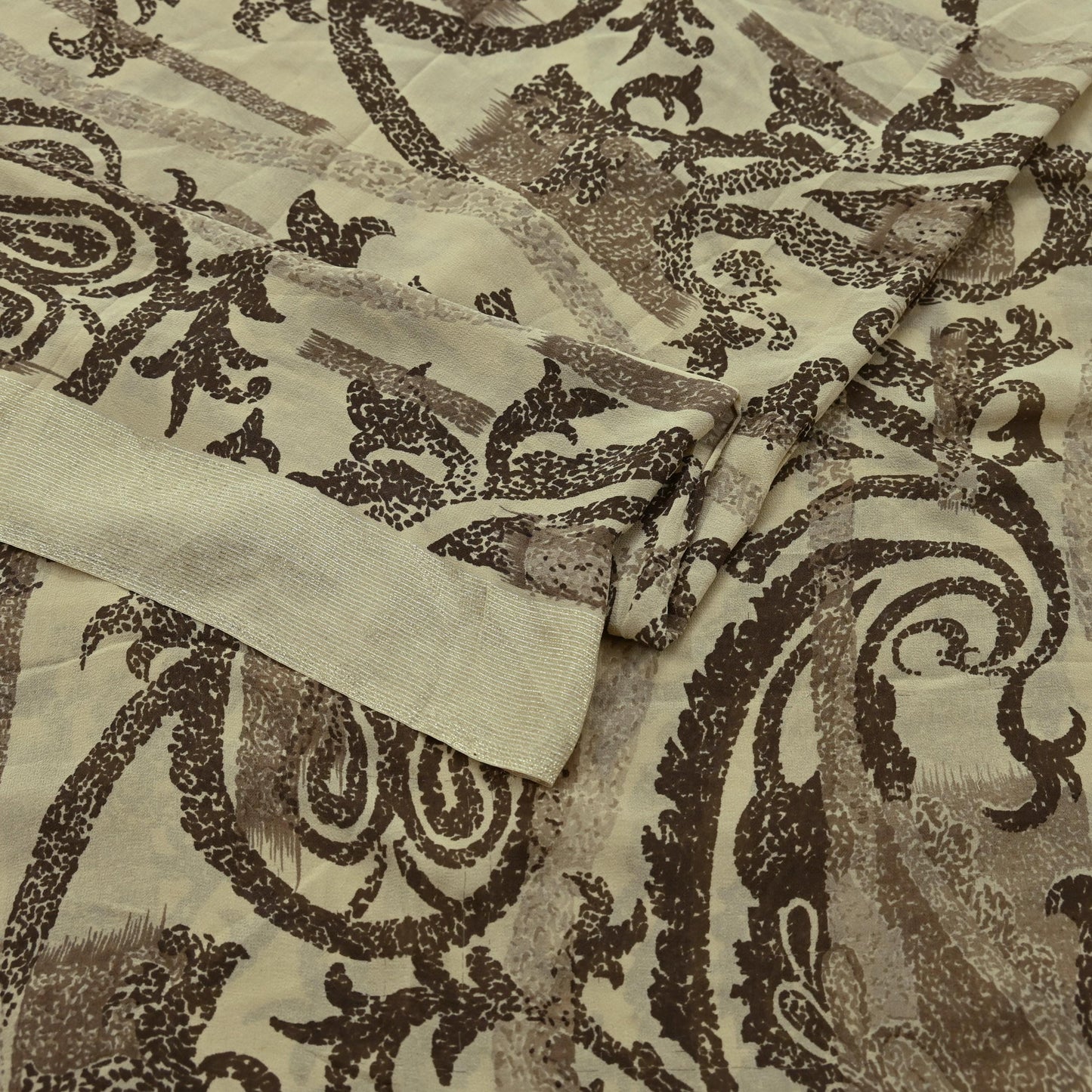 Indian Vintage Sari Beige Pure Georgette Silk Printed Sarees 5Yd Craft Fabric Sewing Quilting Dress making Crafting Quilting Upcycle