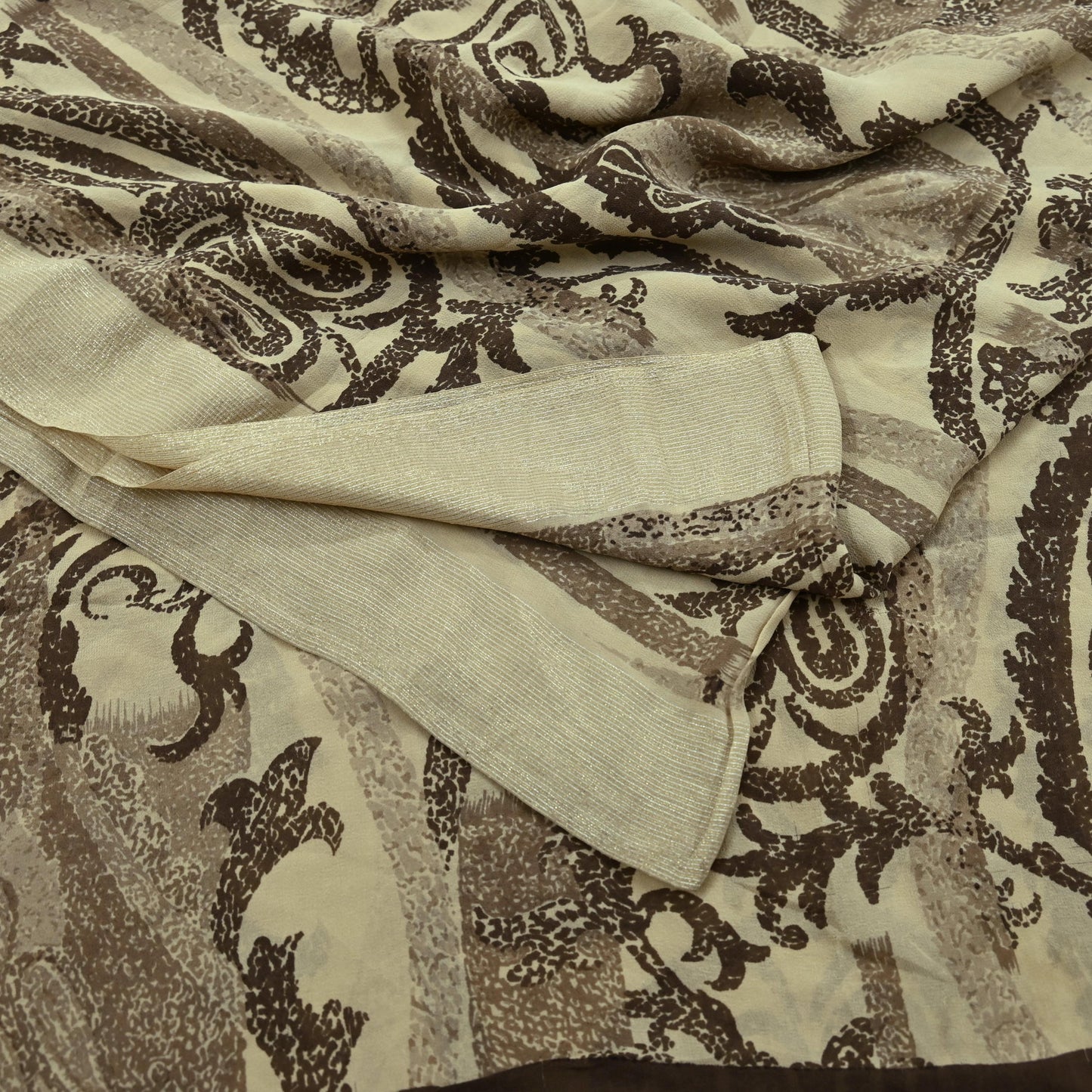 Indian Vintage Sari Beige Pure Georgette Silk Printed Sarees 5Yd Craft Fabric Sewing Quilting Dress making Crafting Quilting Upcycle
