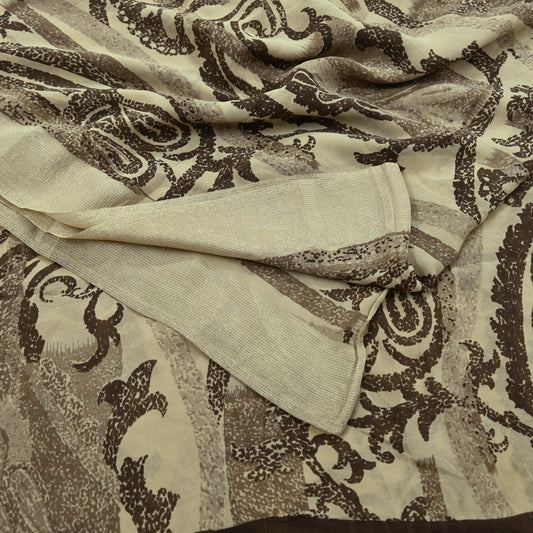 Indian Vintage Sari Beige Pure Georgette Silk Printed Sarees 5Yd Craft Fabric Sewing Quilting Dress making Crafting Quilting Upcycle