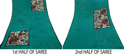 Indian Vintage Sari Green 100% Pure Georgette Silk Hand Block Printed Sarees Sewing 5yd Craft Fabric Soft Dress Designing for Crafting