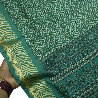 Indian Vintage Sari Beige & Green Pure Silk Printed Saree Craft Fabric 5yd Sewing DressMaking Soft Crafting Quilting Upcycle