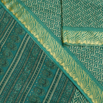 Indian Vintage Sari Beige & Green Pure Silk Printed Saree Craft Fabric 5yd Sewing DressMaking Soft Crafting Quilting Upcycle
