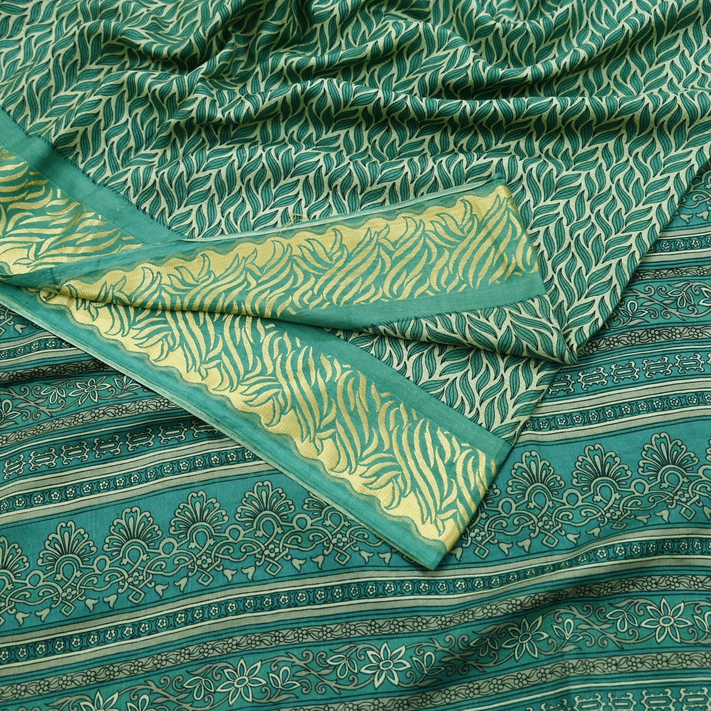 Indian Vintage Sari Beige & Green Pure Silk Printed Saree Craft Fabric 5yd Sewing DressMaking Soft Crafting Quilting Upcycle