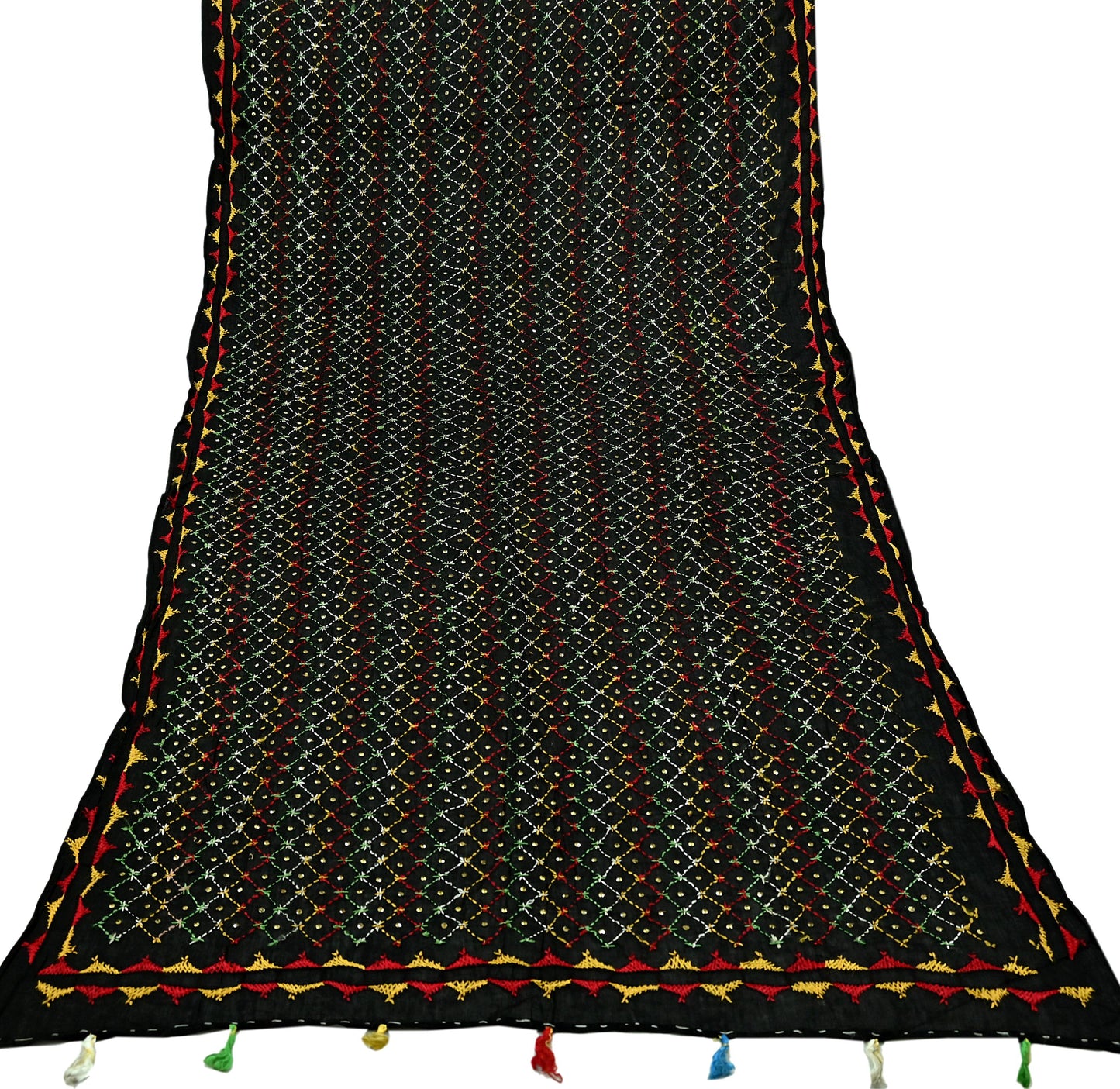 Indian Vintage Dupatta Black Long Stole Hand Embroidered Bagh Phulkari Stole Scarves Fringes Party wear