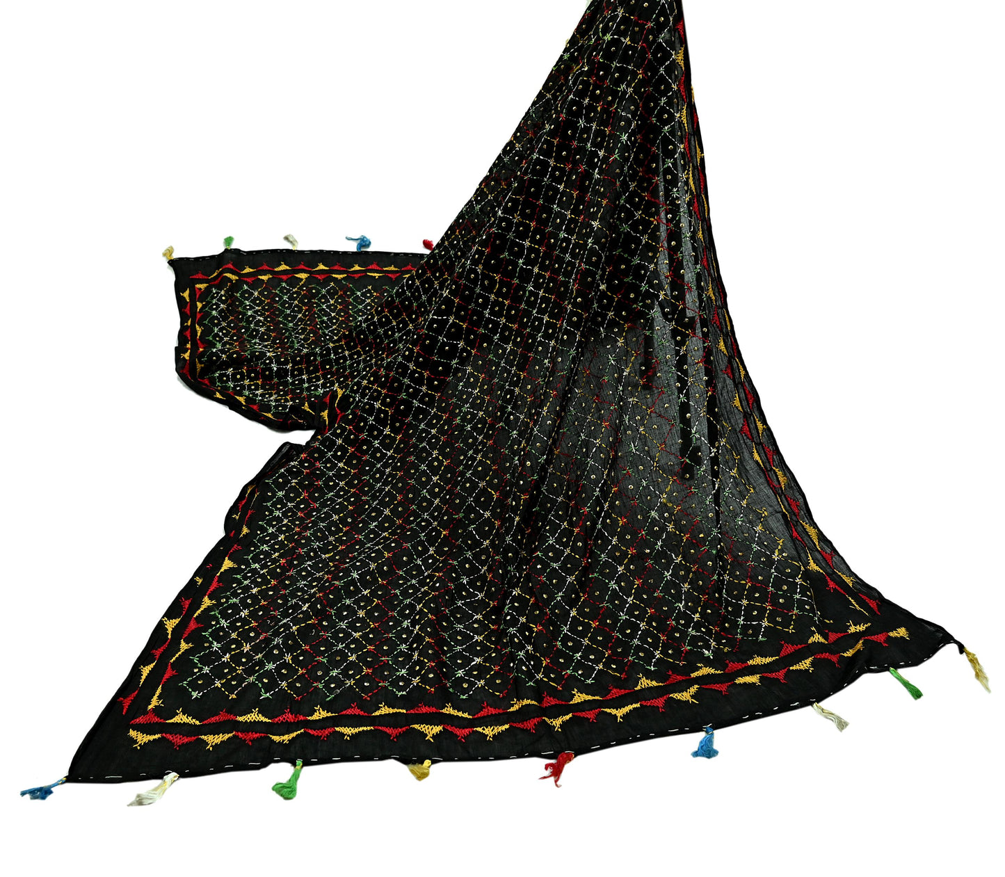 Indian Vintage Dupatta Black Long Stole Hand Embroidered Bagh Phulkari Stole Scarves Fringes Party wear