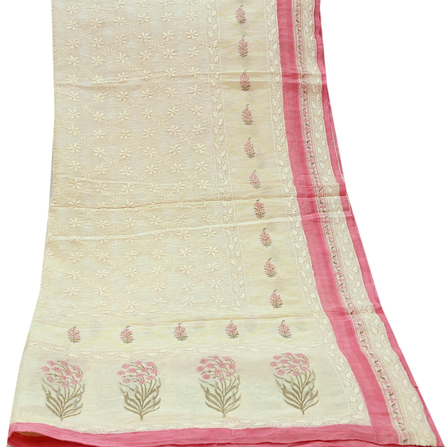 Indian Vintage Dupatta Ivory Long Stole Pure Chanderi silk Handmade Chikankari Scarves Veil Scarf Wrap Floral Design