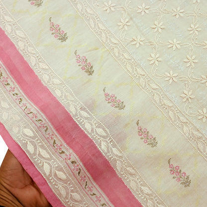 Indian Vintage Dupatta Ivory Long Stole Pure Chanderi silk Handmade Chikankari Scarves Veil Scarf Wrap Floral Design