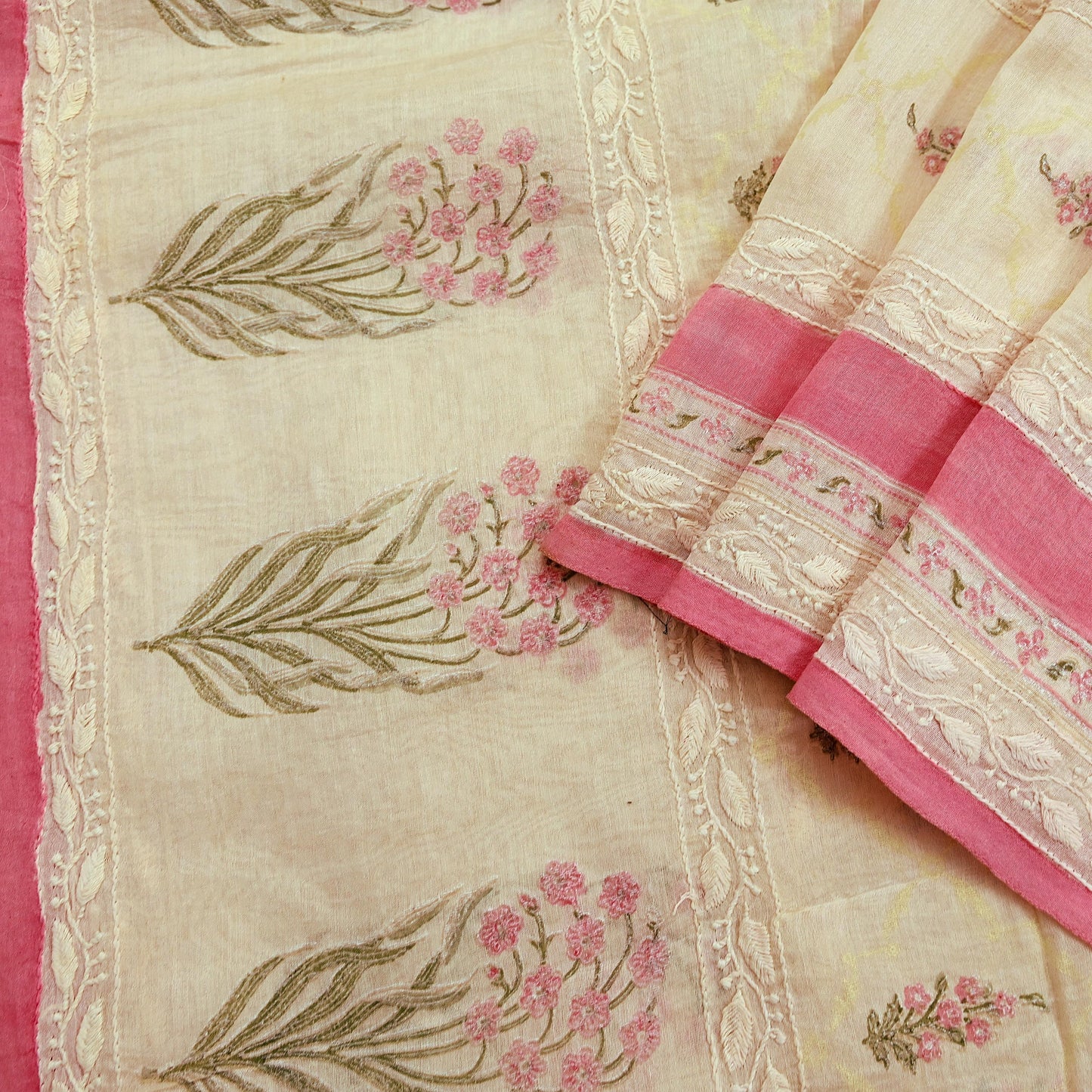 Indian Vintage Dupatta Ivory Long Stole Pure Chanderi silk Handmade Chikankari Scarves Veil Scarf Wrap Floral Design