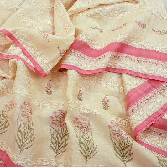 Indian Vintage Dupatta Ivory Long Stole Pure Chanderi silk Handmade Chikankari Scarves Veil Scarf Wrap Floral Design