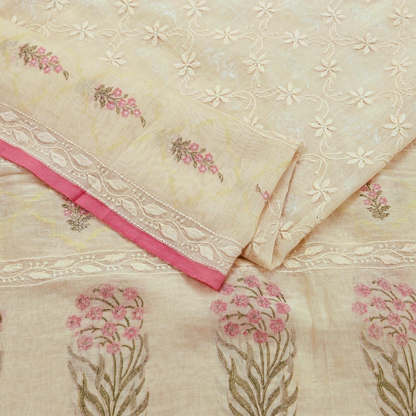 Indian Vintage Dupatta Ivory Long Stole Pure Chanderi silk Handmade Chikankari Scarves Veil Scarf Wrap Floral Design