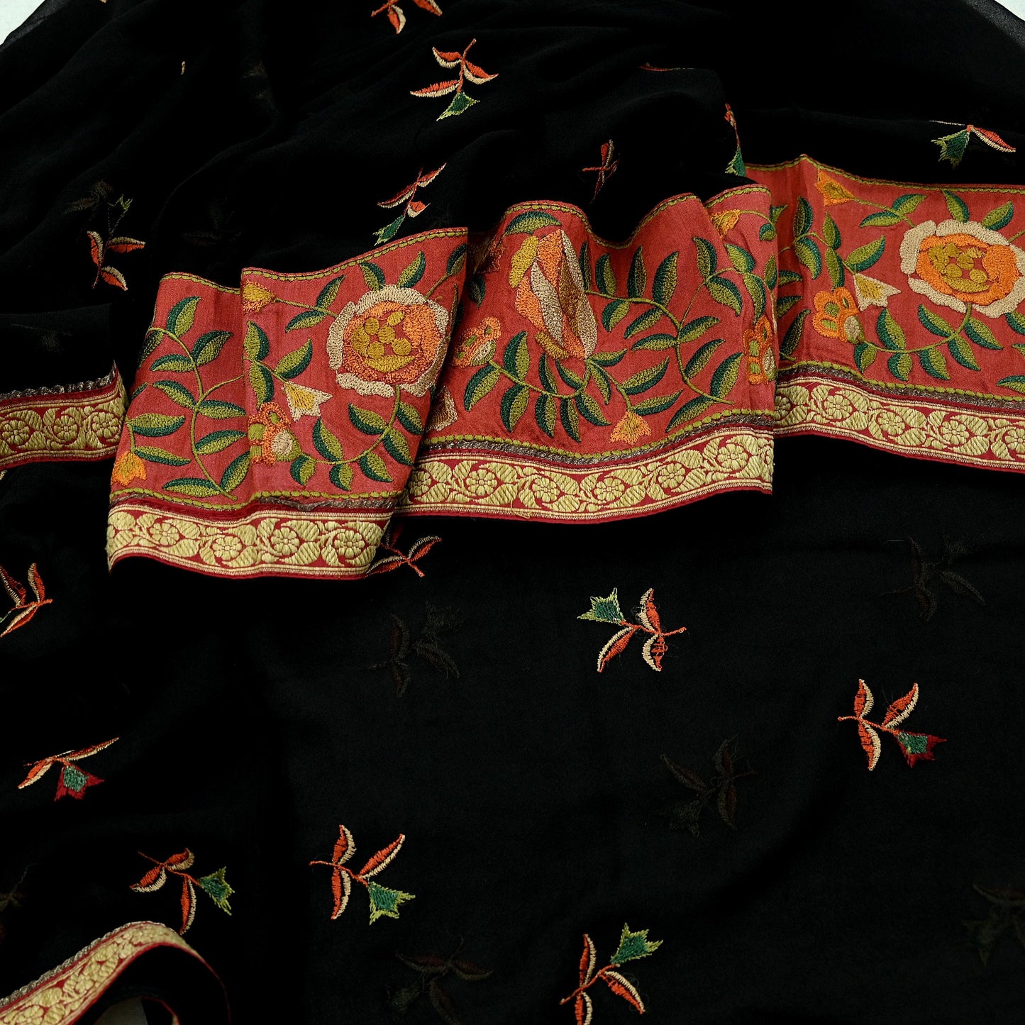 Indian Vintage Dupatta Black Pure Georgette silk Long Stole Embroidered Scarves Stole Veil Wrap