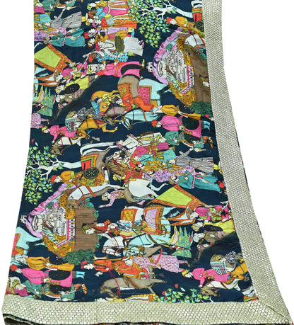 Indian Vintage Dupatta Blue Long Stole Digital Printed Hijab Blend Cotton Scarves Veil Soft Wrap Boho Silver Border