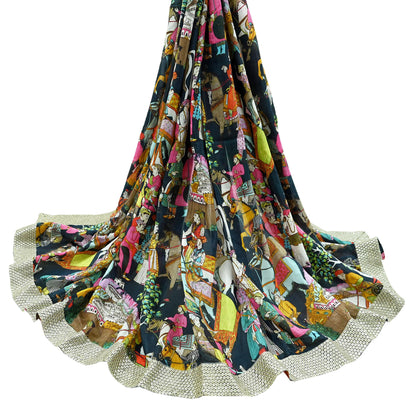 Indian Vintage Dupatta Blue Long Stole Digital Printed Hijab Blend Cotton Scarves Veil Soft Wrap Boho Silver Border
