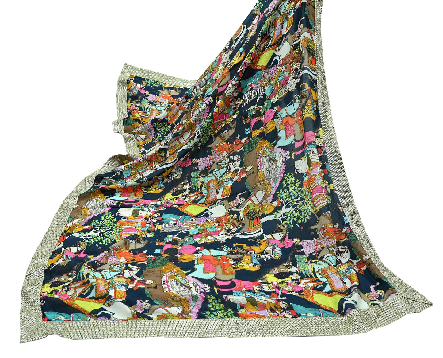 Indian Vintage Dupatta Blue Long Stole Digital Printed Hijab Blend Cotton Scarves Veil Soft Wrap Boho Silver Border