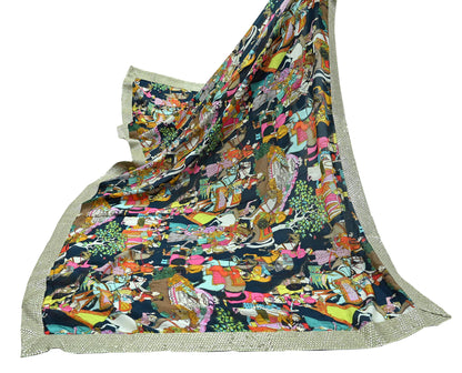 Indian Vintage Dupatta Blue Long Stole Digital Printed Hijab Blend Cotton Scarves Veil Soft Wrap Boho Silver Border
