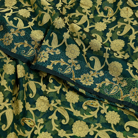 Indian Vintage Sari Green Hand Embroidered Saree Pure Organza Silk Craft Fabric 5Yd Ethnic Dress Making Crafting Quilting