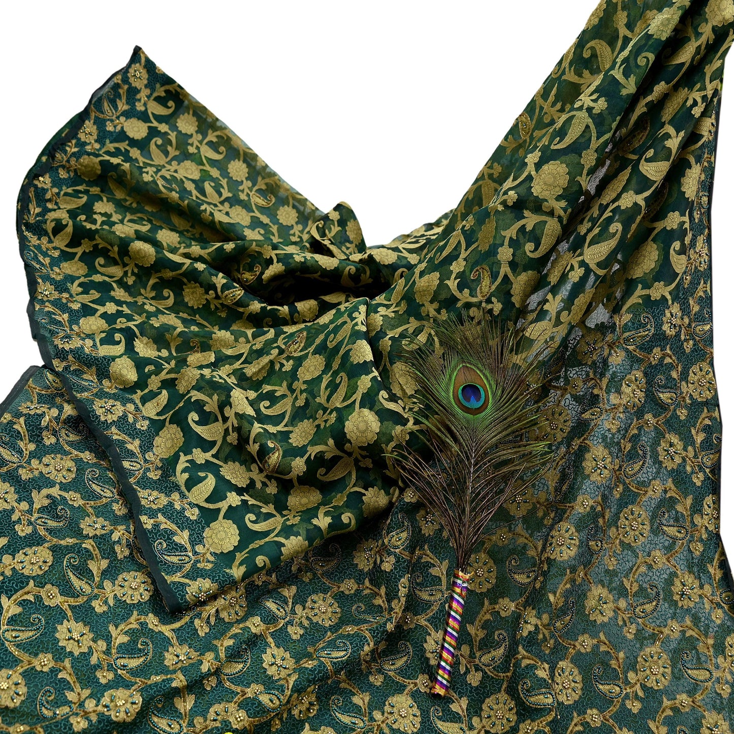 Indian Vintage Sari Green Hand Embroidered Saree Pure Organza Silk Craft Fabric 5Yd Ethnic Dress Making Crafting Quilting