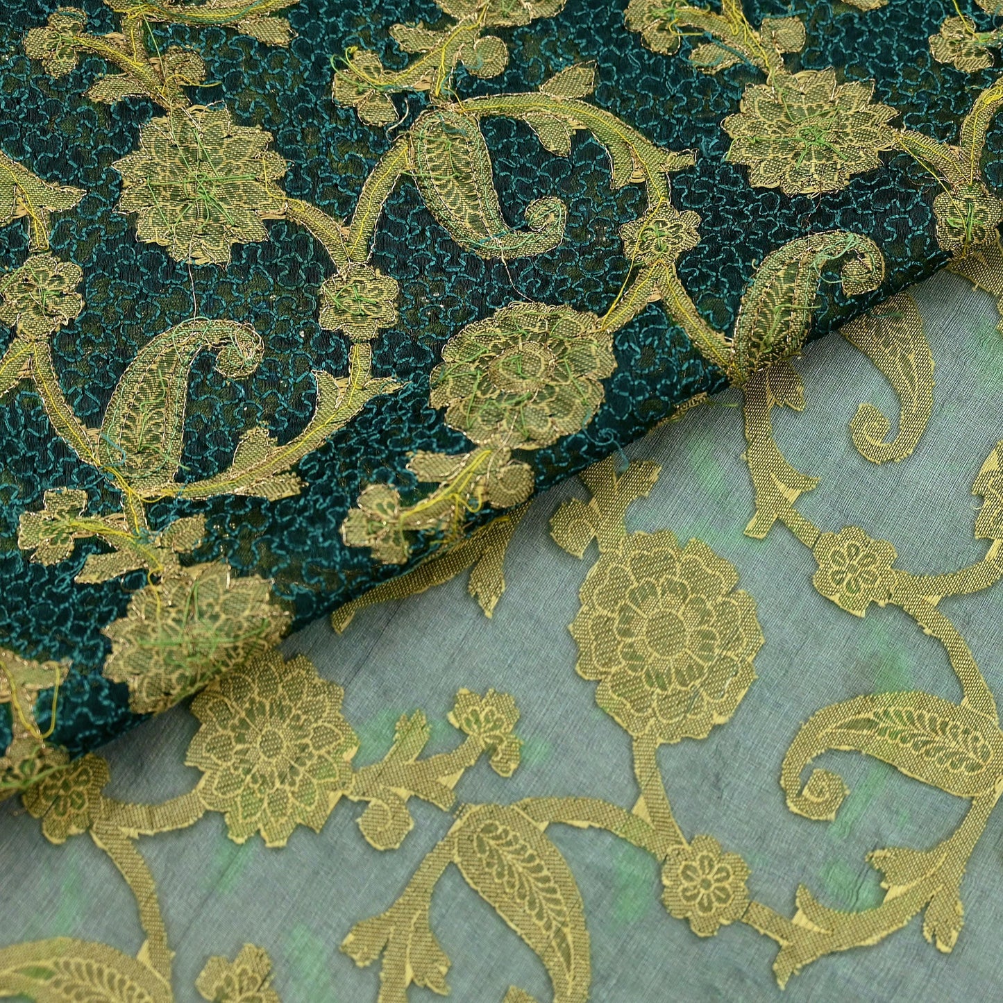 Indian Vintage Sari Green Hand Embroidered Saree Pure Organza Silk Craft Fabric 5Yd Ethnic Dress Making Crafting Quilting