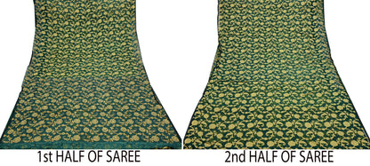 Indian Vintage Sari Green Hand Embroidered Saree Pure Organza Silk Craft Fabric 5Yd Ethnic Dress Making Crafting Quilting