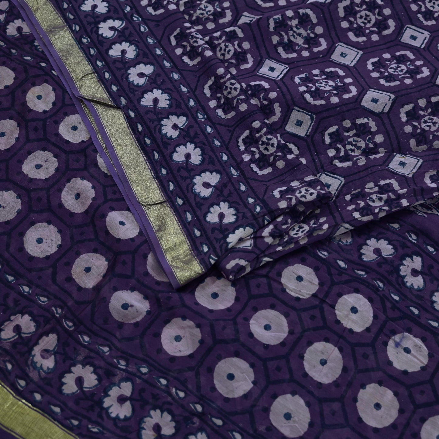 Indian Vintage Sari Purple Pure chanderi Silk Bagru Printed Saree 5Yd Fabric Floral Soft Zari Border Ethnic Upcycle Crafting Dress making