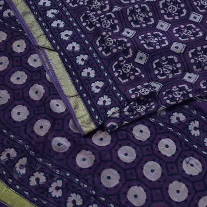 Indian Vintage Sari Purple Pure chanderi Silk Bagru Printed Saree 5Yd Fabric Floral Soft Zari Border Ethnic Upcycle Crafting Dress making