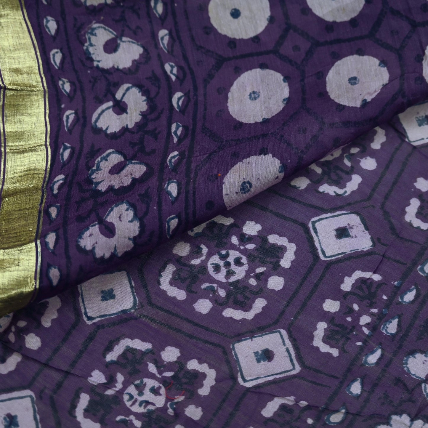 Indian Vintage Sari Purple Pure chanderi Silk Bagru Printed Saree 5Yd Fabric Floral Soft Zari Border Ethnic Upcycle Crafting Dress making