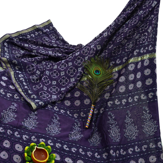 Indian Vintage Sari Purple Pure chanderi Silk Bagru Printed Saree 5Yd Fabric Floral Soft Zari Border Ethnic Upcycle Crafting Dress making