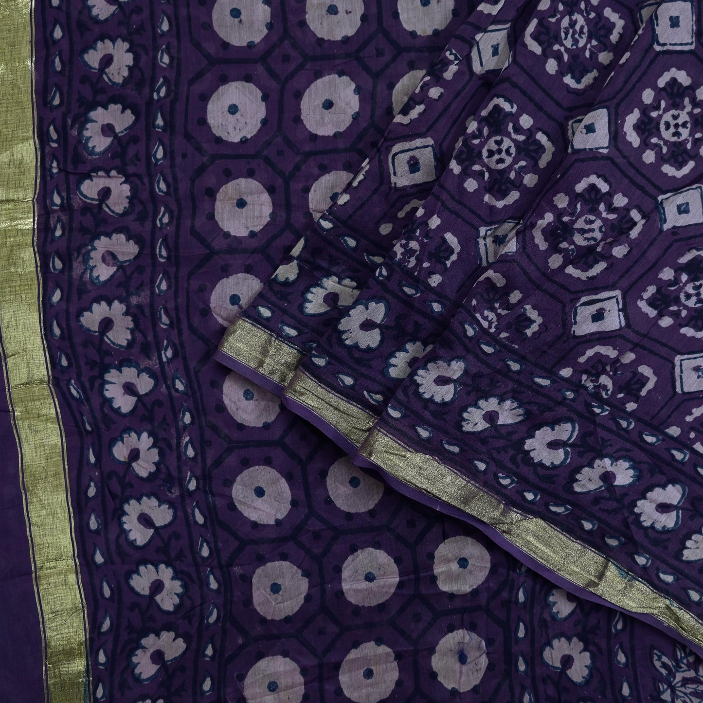 Indian Vintage Sari Purple Pure chanderi Silk Bagru Printed Saree 5Yd Fabric Floral Soft Zari Border Ethnic Upcycle Crafting Dress making