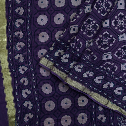 Indian Vintage Sari Purple Pure chanderi Silk Bagru Printed Saree 5Yd Fabric Floral Soft Zari Border Ethnic Upcycle Crafting Dress making