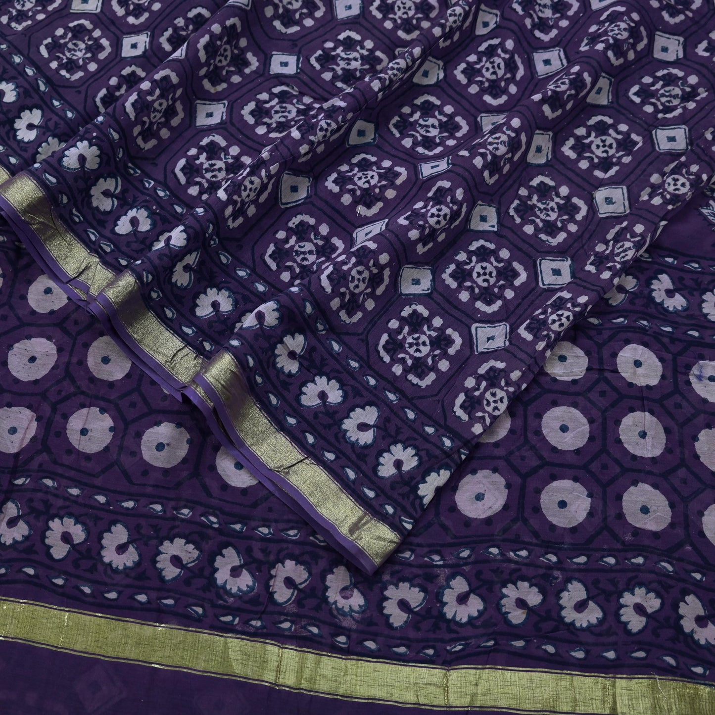 Indian Vintage Sari Purple Pure chanderi Silk Bagru Printed Saree 5Yd Fabric Floral Soft Zari Border Ethnic Upcycle Crafting Dress making