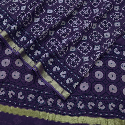 Indian Vintage Sari Purple Pure chanderi Silk Bagru Printed Saree 5Yd Fabric Floral Soft Zari Border Ethnic Upcycle Crafting Dress making
