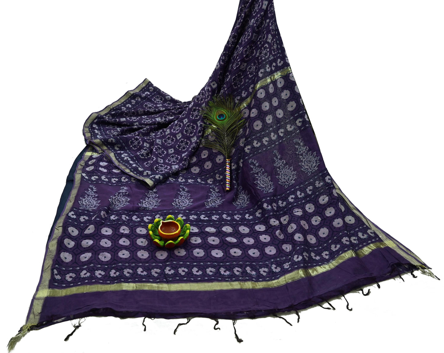 Indian Vintage Sari Purple Pure chanderi Silk Bagru Printed Saree 5Yd Fabric Floral Soft Zari Border Ethnic Upcycle Crafting Dress making