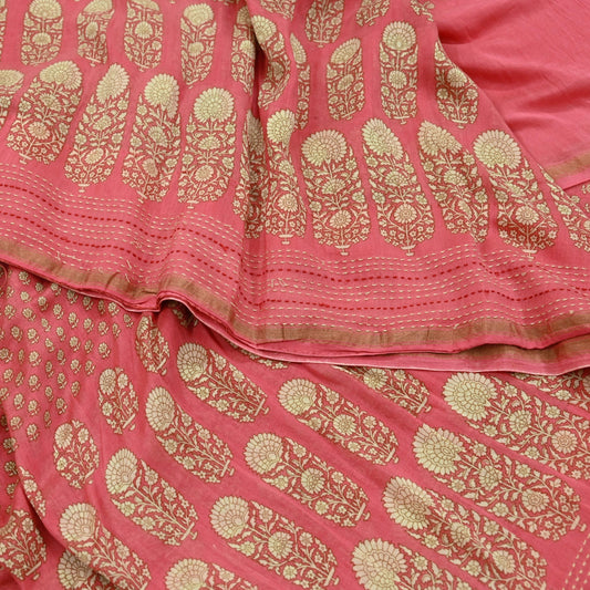 Indian Vintage Sari Peach Pure chanderi Silk Block Printed Sarees Craft Fabric 5Yd Zari Border Floral Dress making bollywood Fringes