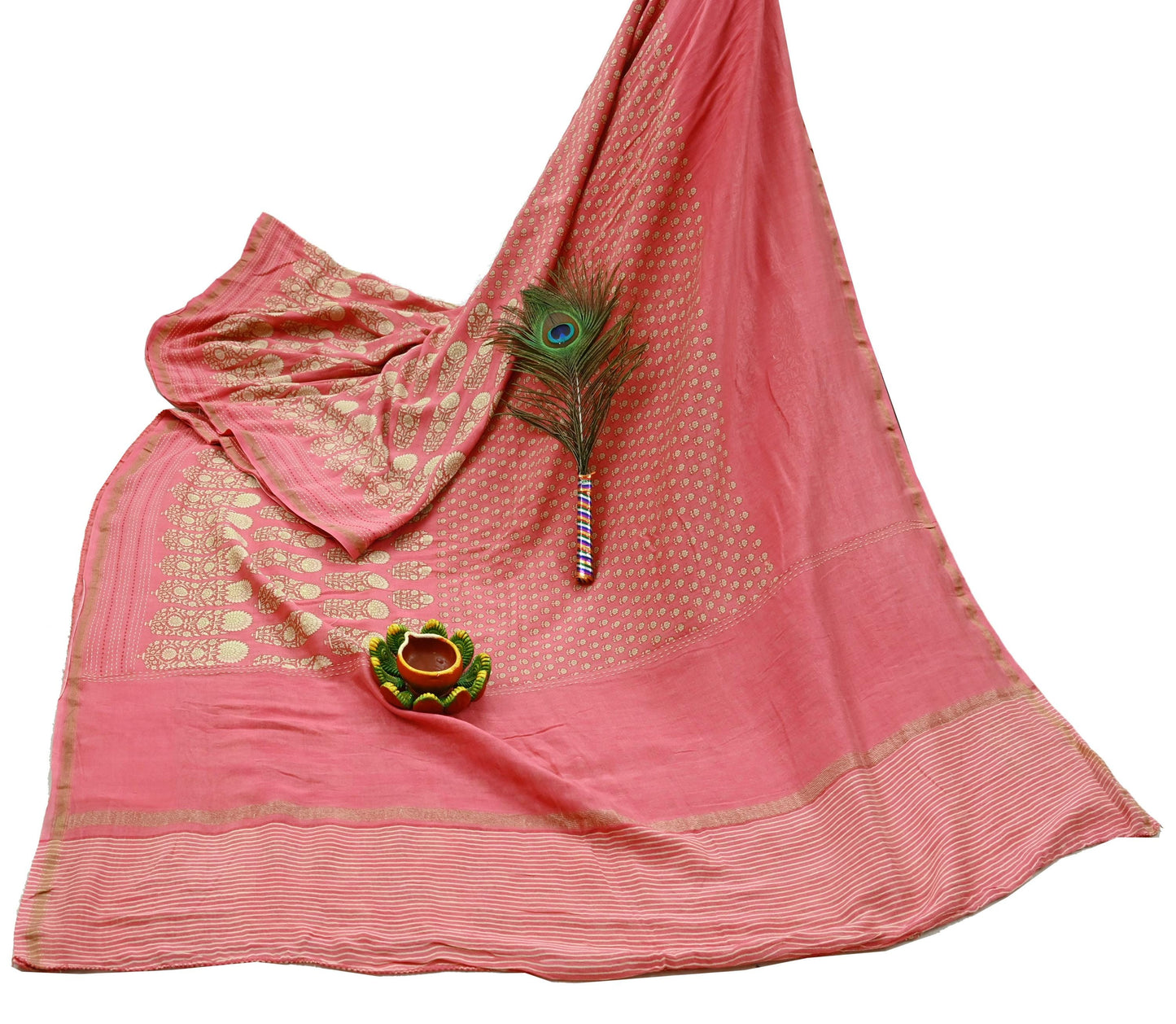 Indian Vintage Sari Peach Pure chanderi Silk Block Printed Sarees Craft Fabric 5Yd Zari Border Floral Dress making bollywood Fringes