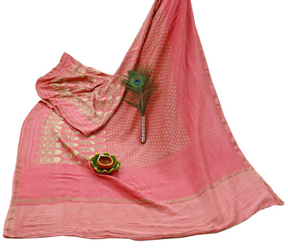 Indian Vintage Sari Peach Pure chanderi Silk Block Printed Sarees Craft Fabric 5Yd Zari Border Floral Dress making bollywood Fringes